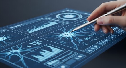 A digital pen interacts with an interface displaying artificial intelligence analytics and complex data on a touch screen device.