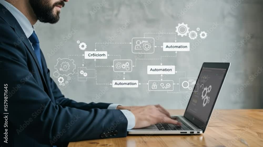 Poster man in suit typing on laptop with automation process diagram overlayed on a gray background wall