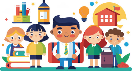 An illustration featuring diverse school children, often depicted in playful or educational scenarios, symbolizing learning, friendship, and childhood