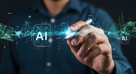 Man interacts with AI technology using a pen, visualizing network connections and artificial intelligence in a modern interface.
