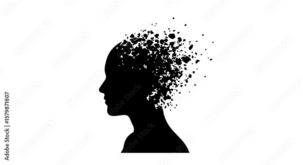 Poster vector art of silhouette of a womans head dissolving into particles isolated on transparent backgrou