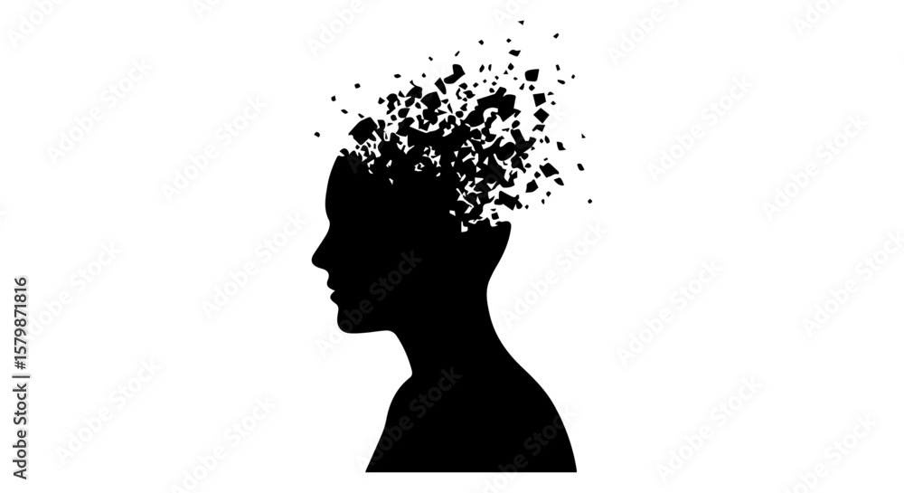 Poster vector art of silhouette of a womans head dissolving into particles isolated on transparent backgrou