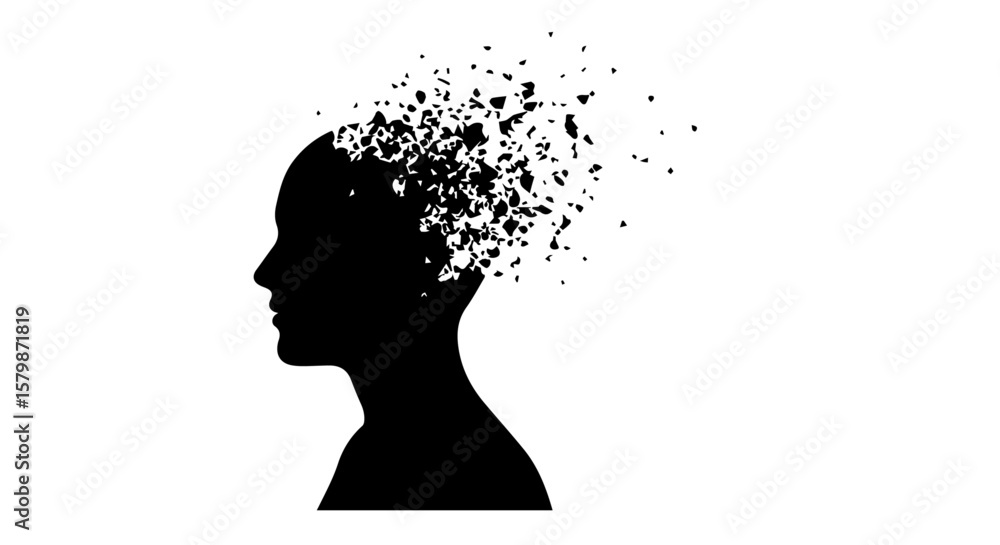 Poster vector art of silhouette of a womans head dissolving into particles isolated on transparent backgrou