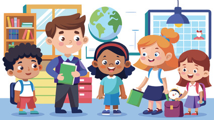 An illustration featuring diverse school children, often depicted in playful or educational scenarios, symbolizing learning, friendship, and childhood