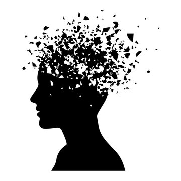 Vector art of a silhouette of a head exploding into countless fragments isolated on transparent background