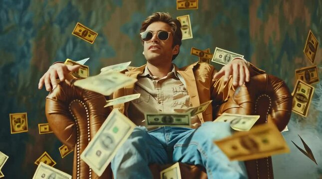 Lottery Jackpot Investment - Successful Young Man Investor Sitting Enjoying Success with Gold Money Cash Wealth Person Businessman Crypto Guy Relax Arhmchair Happy Millionaire Billionaire Proud
