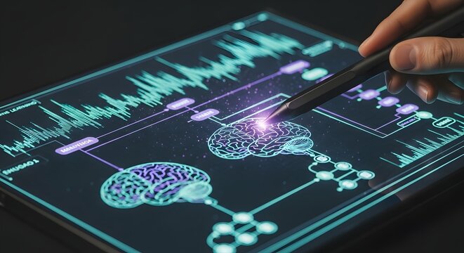 Tablet displaying brain analysis, digital data and neural networks, a modern approach to healthcare and technological advancements.