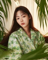 Young Asian Woman in Leaf Pattern Robe Surrounded by Green Plants, Natural Light, Wellness