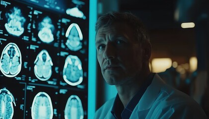 Doctor Analyzing Brain Scans in Dark Medical Office