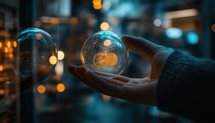Future of Finance Hand Holding Golden Cryptocurrency Coins in Clear Glass Sphere
