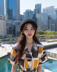 Stylish Young Asian Woman with Beanie in Vibrant Modern Urban Cityscape Lifestyle