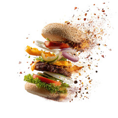 Deconstructed burger with exploding elements showing fresh ingredients on a transparent background