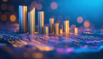 Futuristic Digital Cityscape on Circuit Board with Data Elements
