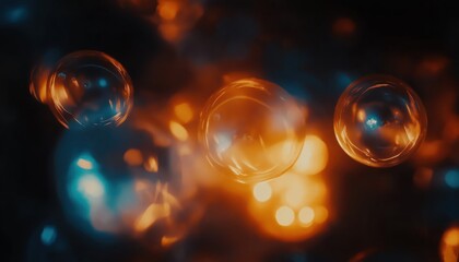 Abstract Translucent Spheres with Orange Blue Bokeh Lights on Dark Background