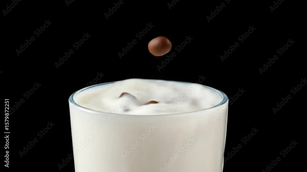 Poster a brown object falling into a glass of milk creating a splash with a black background and white dots