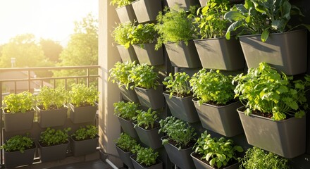 Vertical Garden on Balcony with Fresh Herbs and Vegetables in Planters During Sunrise