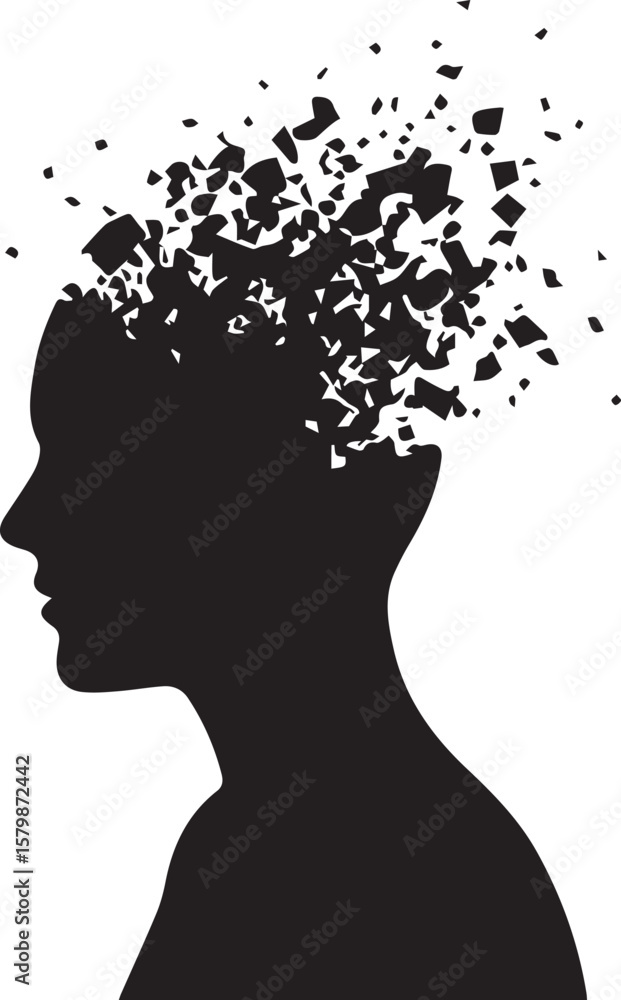 Poster vector art of silhouette of a womans head dissolving into particles isolated on transparent backgrou