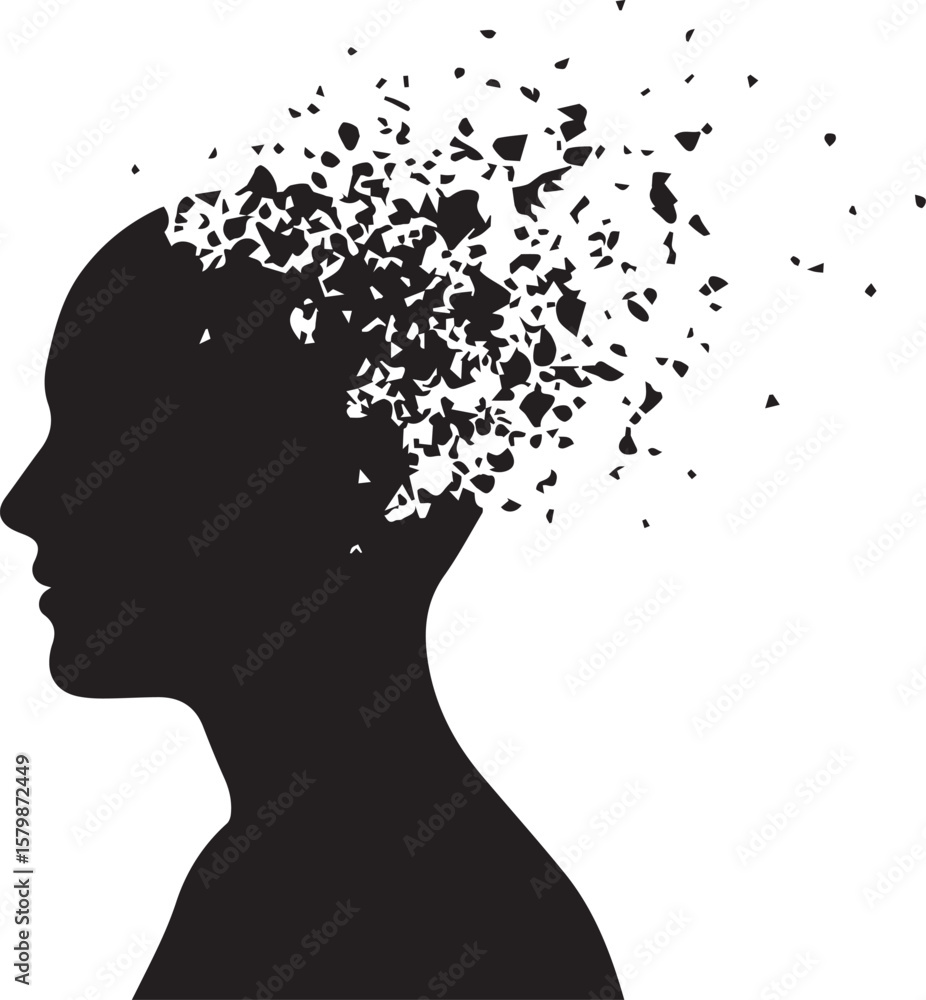 Poster vector art of silhouette of a womans head dissolving into particles isolated on transparent backgrou
