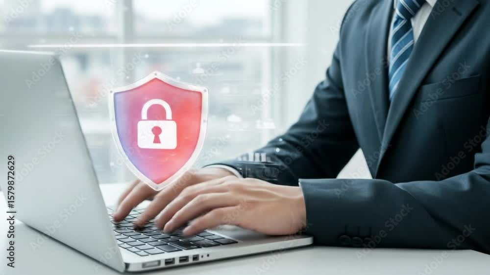 Poster a person in a suit types on a laptop with a digital shield and padlock overlayed on the screen view