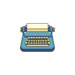 Old Blue Typewriter With White Paper on Transparent Background