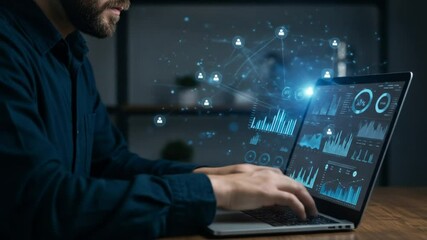 A man in a blue shirt uses a laptop displaying data charts and social network connections in the dark - Powered by Adobe
