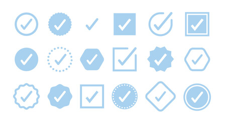 Various blue check mark icons in different shapes and styles, flat graphic style on a white background. Concept of approval, verification, confirmation. Vector illustration