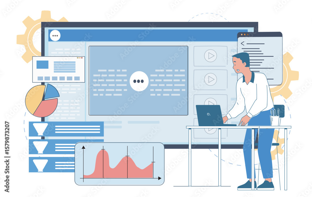 Poster businessman analyzing data on laptop with charts, graphs, and dashboard interface in flat style on w