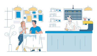 A couple sitting at a table enjoying drinks while chatting, with a barista working behind the counter, minimalist line art style on white background. Vector illustration
