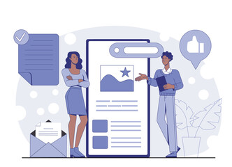 Two people discussing a digital content layout on a giant screen, flat graphic style, with abstract shapes and icons in background. Concept of collaboration. Vector illustration