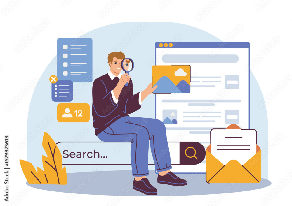 Poster man sitting with magnifier examining search results, surrounded by icons and interface elements in f