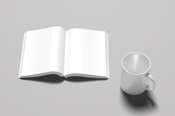 Mockup of a mug for drinks. White, black realistic isolated cup. Mockup of an open notebook, album, booklet, brochure, magazine, thin book on a transparent background. 3D vector illustration for your 