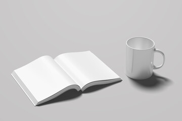 Mockup of a mug for drinks. White, black realistic isolated cup. Mockup of an open notebook, album, booklet, brochure, magazine, thin book on a transparent background. 3D vector illustration for your 