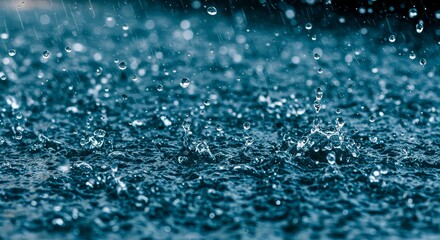 Close up of rain drops falling and splashing on a surface creating ripples and water droplets
