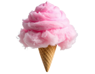  Fluffy pink cotton candy on white paper cone, front view isolated on transparent background PNG