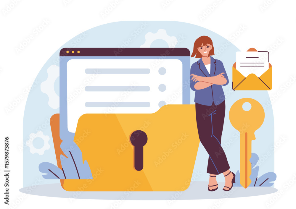 Poster woman standing near secured folder with browser, key, and email. flat style with soft colors on abst