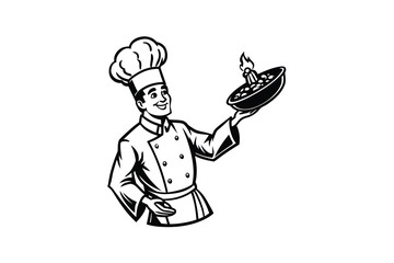 Smiling Chef Presenting a Flaming Dish with Pride in a Bold Graphic Silhouette Style silhouette