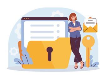 Woman standing near secured folder with browser, key, and email. Flat style with soft colors on abstract background. Concept of data safety and privacy. Vector illustration
