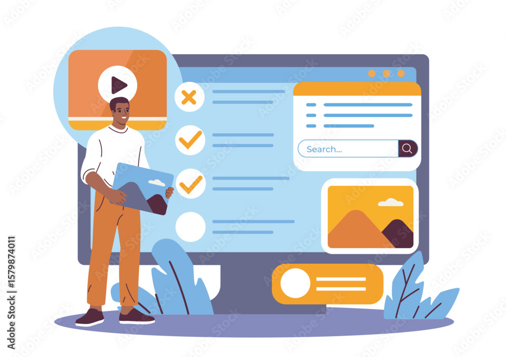 Poster man holding anext to a large media interface screen with checklists, search bar, and thumbnails on a