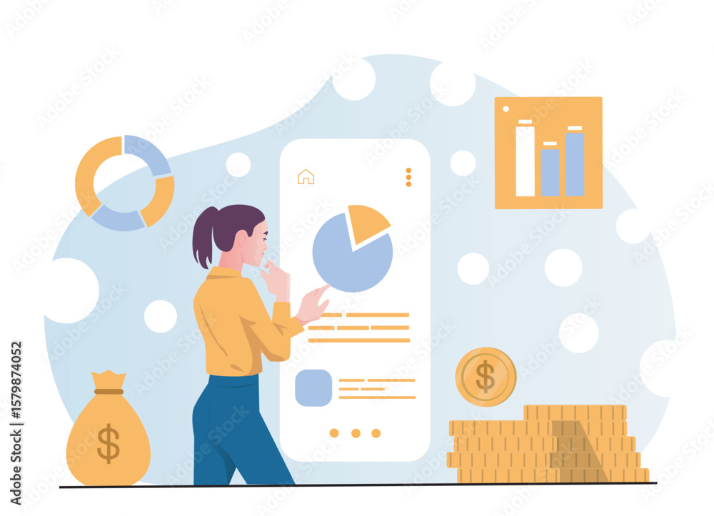 Poster woman standing in front of a large smartphone screen analyzing pie chart and bar graph, flat design 