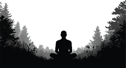 Vector art of man sitting in lotus position in forest isolated on transparent background