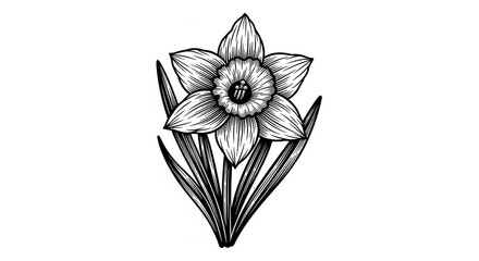 Obraz premium Detailed black and white line art illustration of a daffodil flower with leaves on a white background