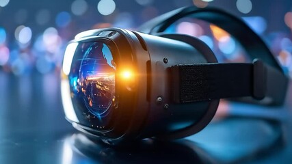Immersive world with augmented reality headset displaying a glowing earth and digital interface - Powered by Adobe