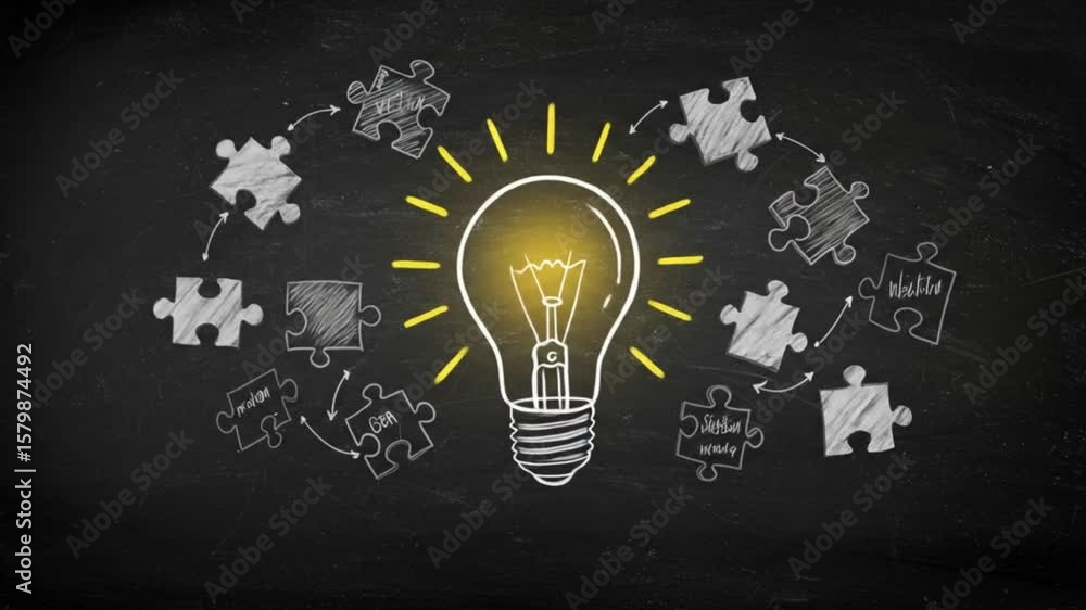 Poster hand drawn lightbulb surrounded by puzzle pieces on a blackboard representing idea generation proces
