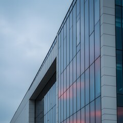 Modern glass-fronted building facade reflecting a sunset sky.