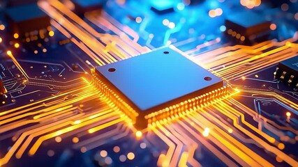 Futuristic glowing circuit board showcases modern technology and complex digital design. - Powered by Adobe