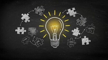 Hand drawn lightbulb surrounded by puzzle pieces on a blackboard representing idea generation process - Powered by Adobe