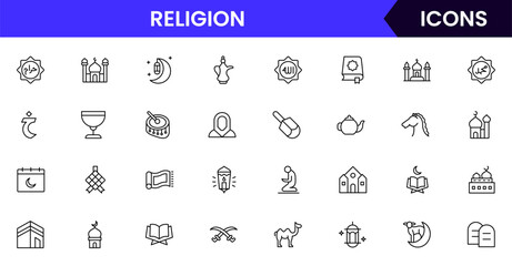 Vector illustration web line icon collection for Religion, featuring sacred symbols, rituals, and spiritual elements, designed with clean lines and modern aesthetics.