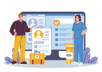 Male patient and female doctor standing near large computer screen with medical data, documents, and medicine on white background. Concept of healthcare. Vector illustration