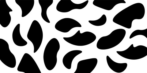 Seamless black and white cow print pattern, abstract animal skin texture, ideal for fabric, background, or modern design.