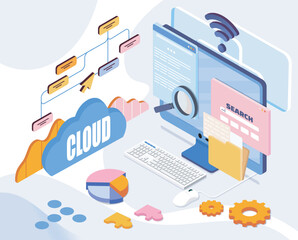 Cloud computing concept with computer, data flow chart, search bar, and pie chart elements shown in a modern isometric style on a light background. Vector illustration